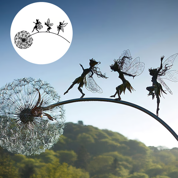 Elegant metal fairy statue, a charming garden sculpture. Whimsical fantasy art for indoor or outdoor magical decor.