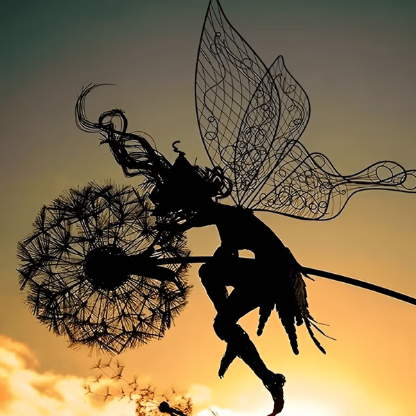 Decorative metal fairy art, a whimsical garden or indoor sculpture. Fantasy statue for magical outdoor & indoor decor.