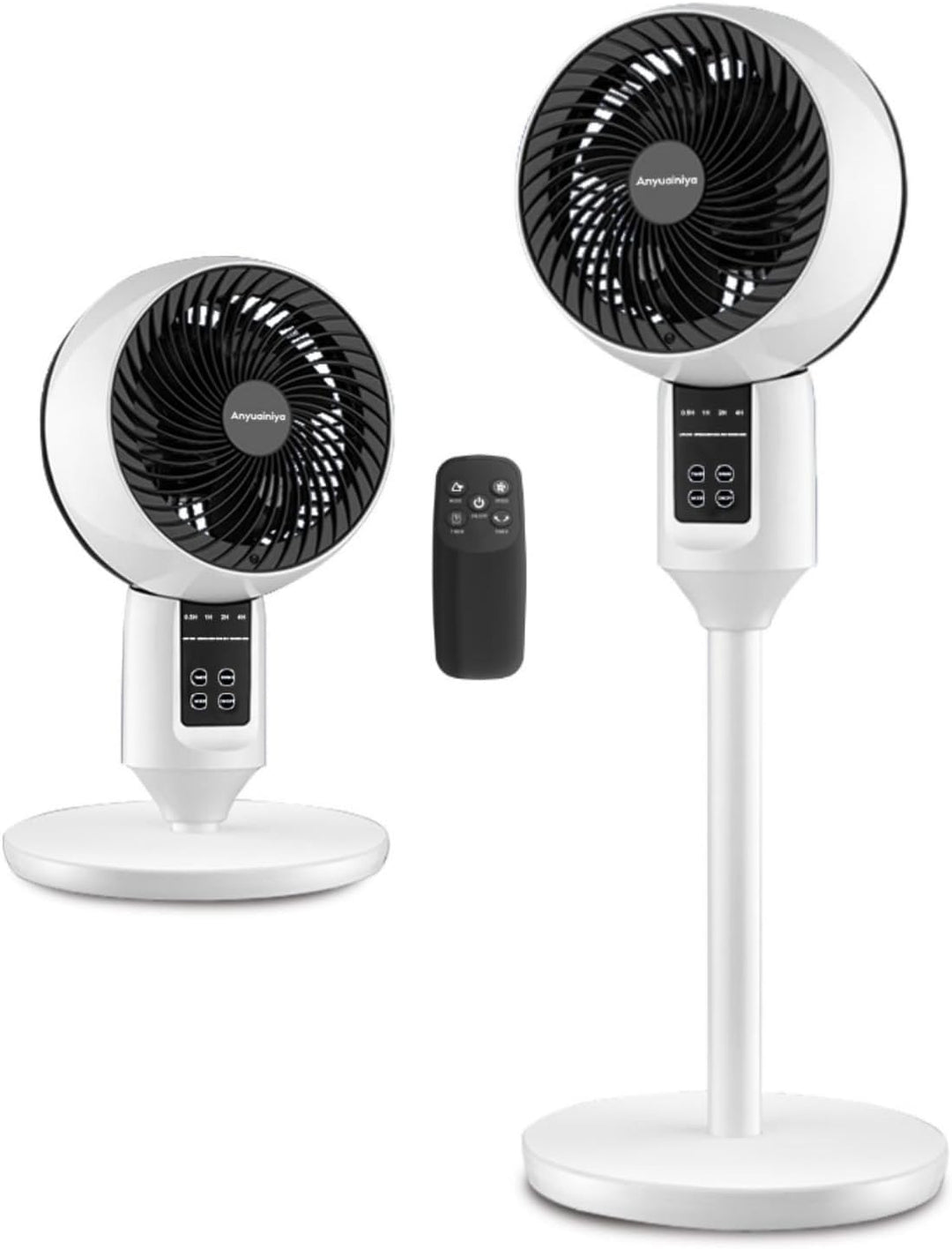 Quiet oscillating pedestal fan with remote control for adjustable height & comfortable home cooling.