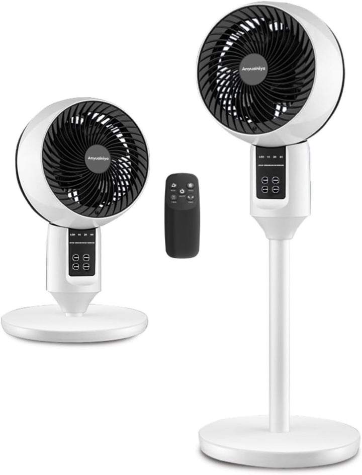 Quiet oscillating pedestal fan with remote control for adjustable height & comfortable home cooling.