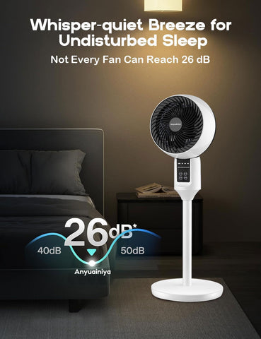 Height-adjustable white pedestal fan, converts to desk fan. Ideal for quiet, remote-controlled summer cooling.