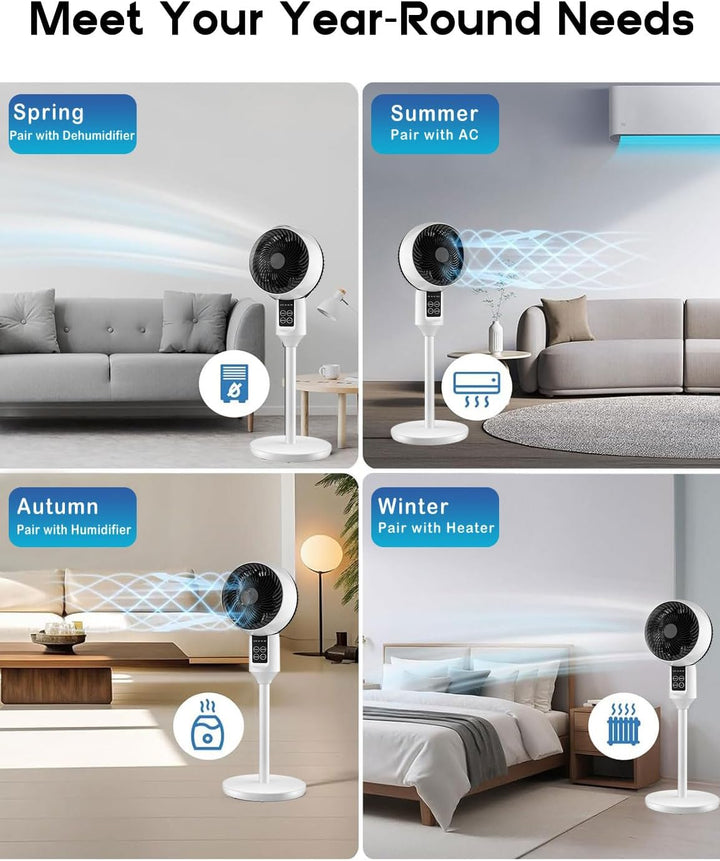 Sleek white 2-in-1 fan, easily transforms from desk to pedestal. Adjustable height for optimal home cooling.