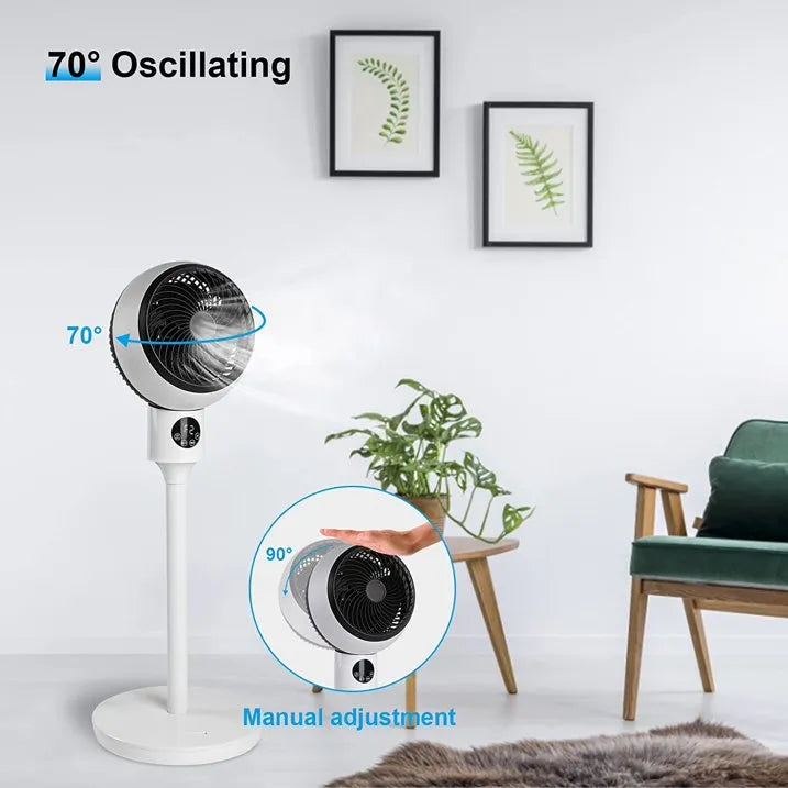 Adjustable height pedestal & table fan with remote control. Provides quiet, oscillating air for home comfort.