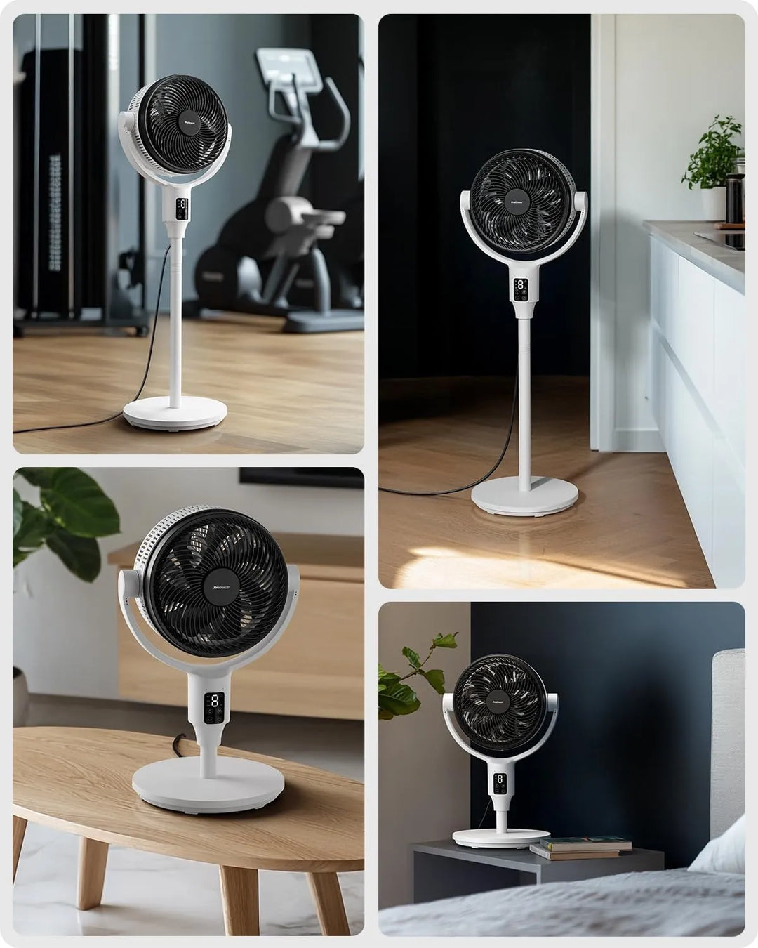 Versatile white fan: height-adjustable for desk or pedestal use. Quiet, oscillating air flow for any room.