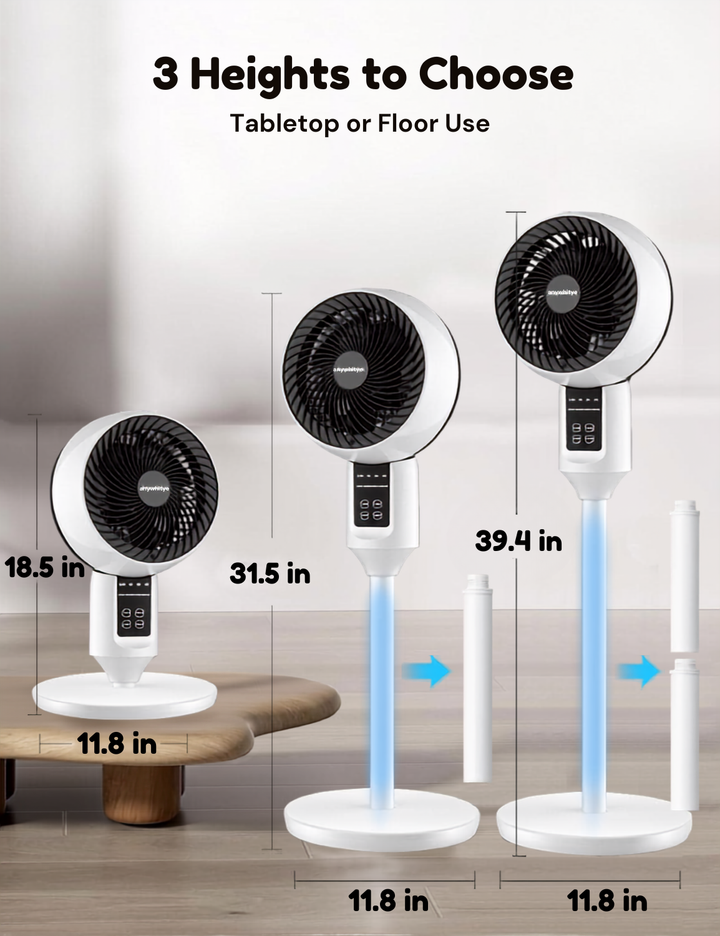 White 2-in-1 fan: height-adjustable pedestal & desk. Quiet, oscillating, remote control for summer comfort.