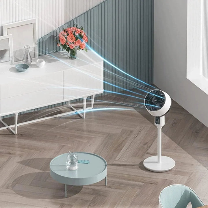 Modern white height-adjustable fan for versatile home cooling. Functions as quiet desk or oscillating pedestal fan.