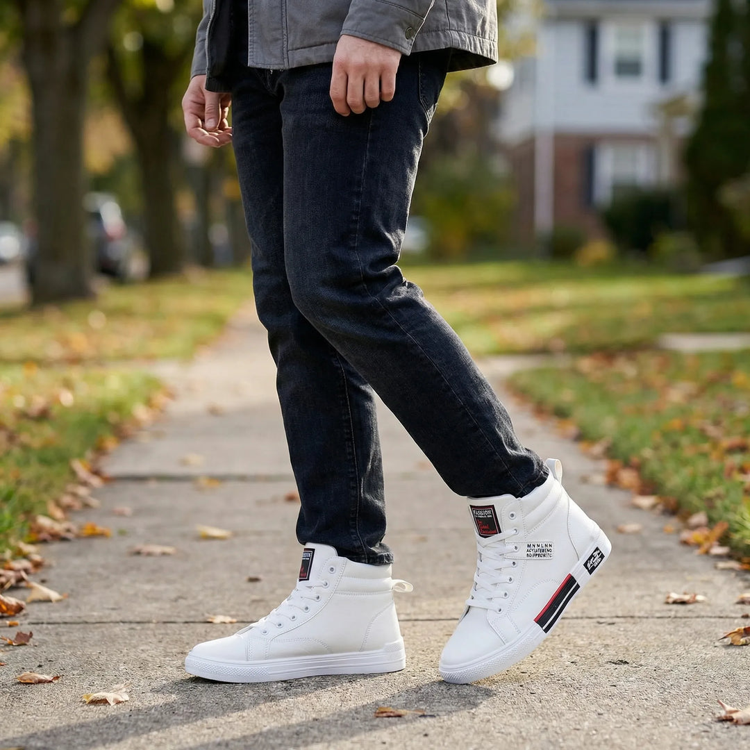 White men's high-top lace-up sneakers. Comfortable casual footwear, perfect for versatile street style & fashion.