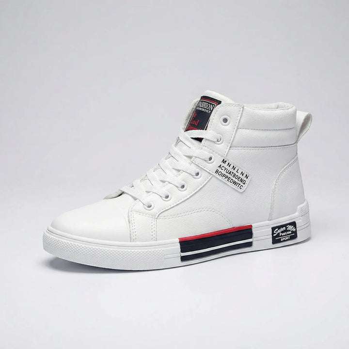 Black men's high-top lace-up sneakers. Essential casual footwear for modern men's fashion & street style.