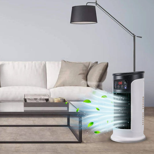 White portable windowless stand-up AC unit for cooling a room. Ideal for home comfort & personal use.