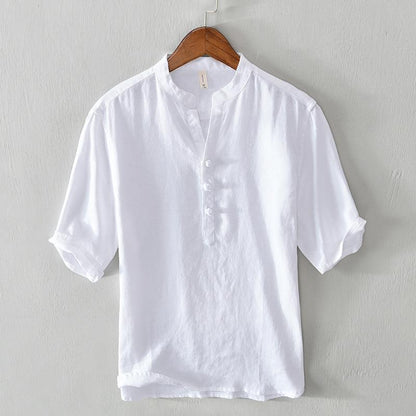White relaxed fit men's button-up shirt for casual summer wear. Breathable everyday collared top.