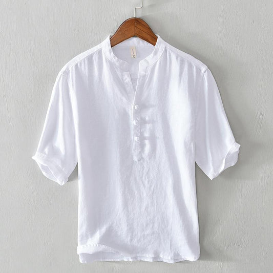 White relaxed fit men's button-up shirt for casual summer wear. Breathable everyday collared top.