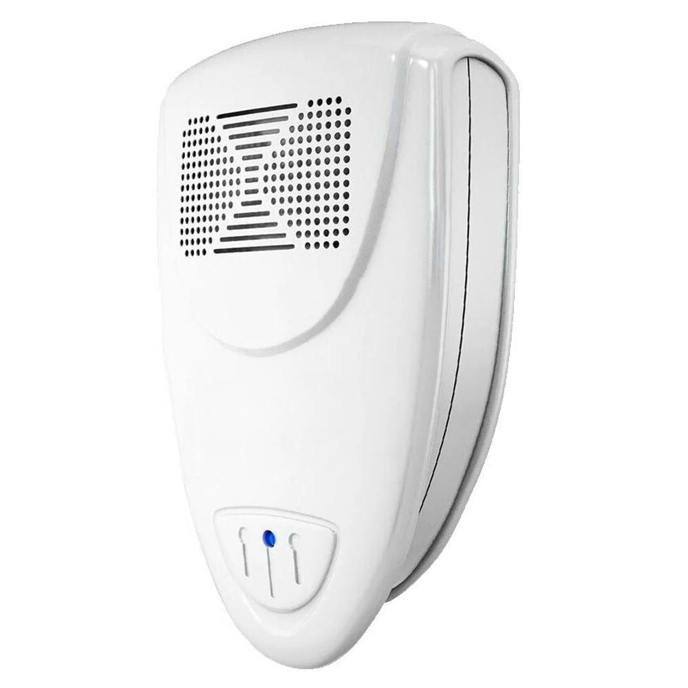 White ultrasonic pest repellent device for indoor use, silently deterring mice, rats, and bugs from your home.