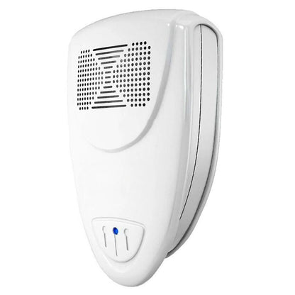 White ultrasonic pest repellent device for indoor use, silently deterring mice, rats, and bugs from your home.