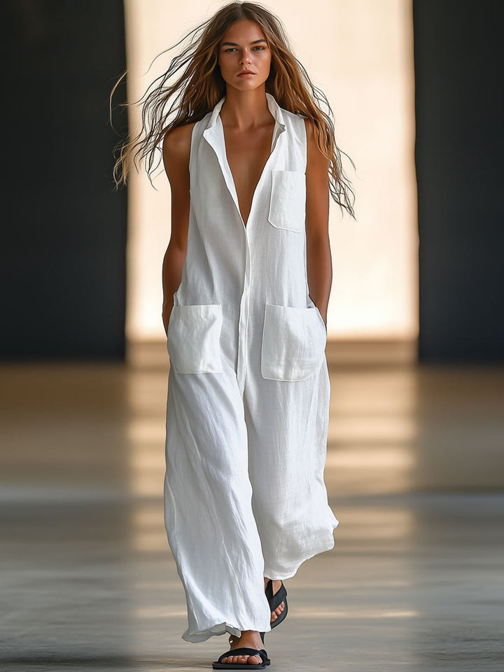White women's casual retro sleeveless wide-leg jumpsuit. Comfortable summer vacation outfit with button front.