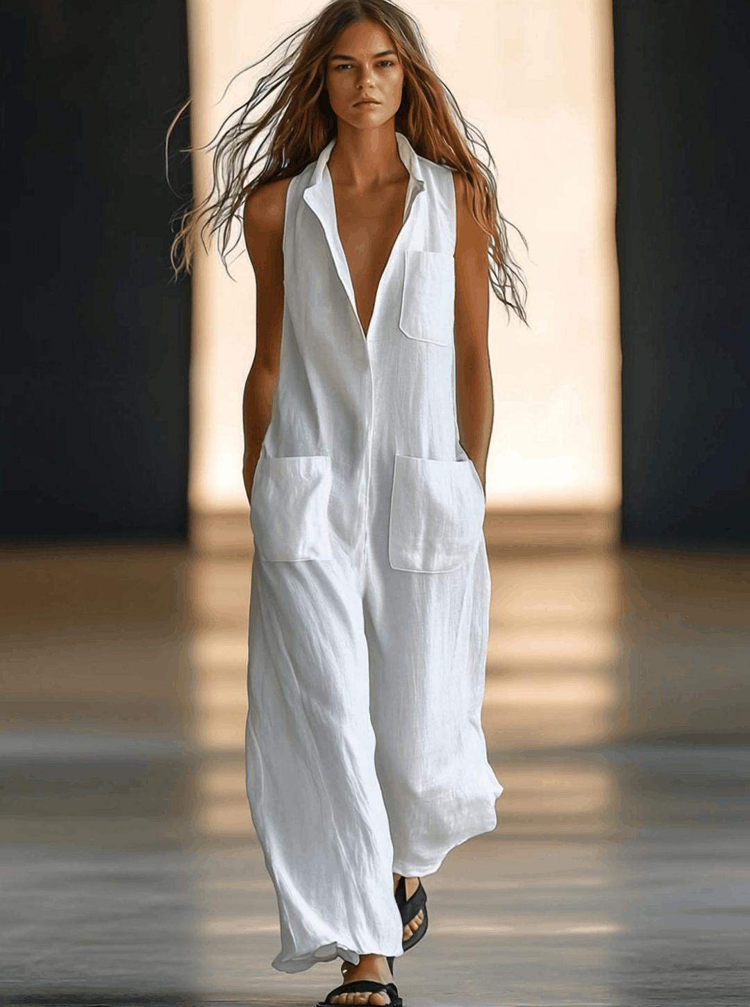 Effortless women's retro white wide-leg jumpsuit, sleeveless & casual. Chic summer fashion with a relaxed fit.