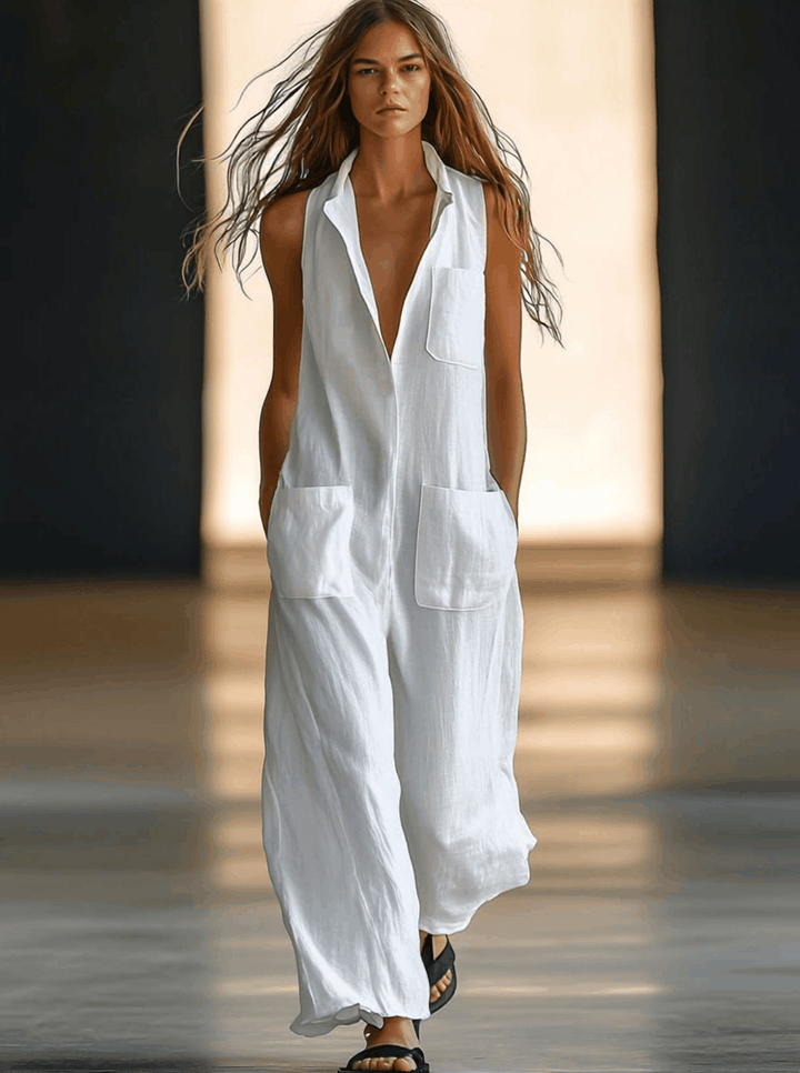 Effortless women's retro white wide-leg jumpsuit, sleeveless & casual. Chic summer fashion with a relaxed fit.