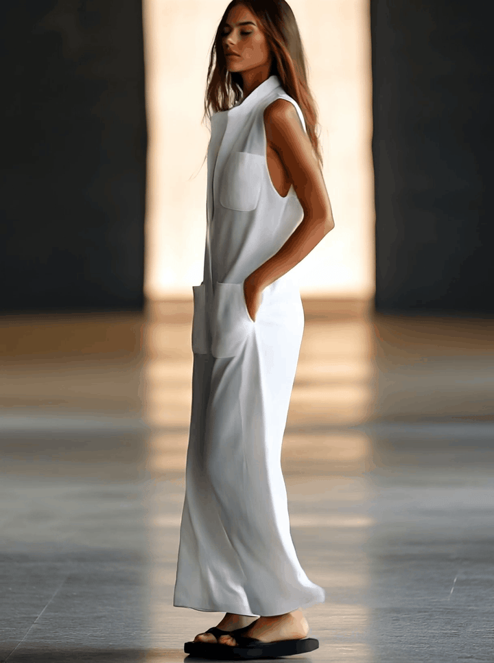 Stylish women's casual retro white wide-leg jumpsuit. Sleeveless summer outfit with relaxed fit & pockets.