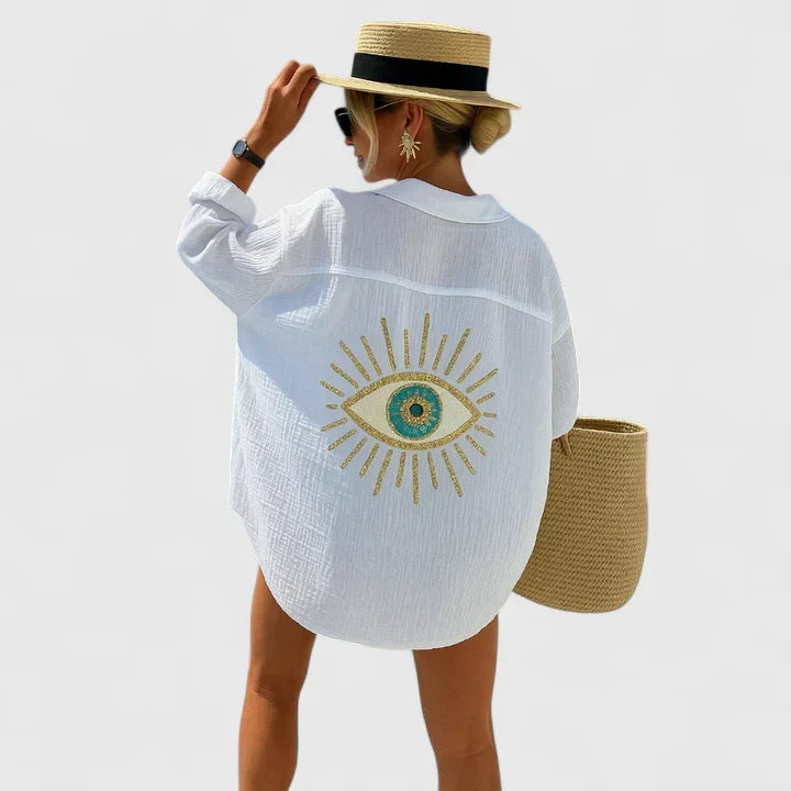 Black women's elegant bohemian blouse, relaxed fit summer fashion top with subtle sequin detail. Casual chic.
