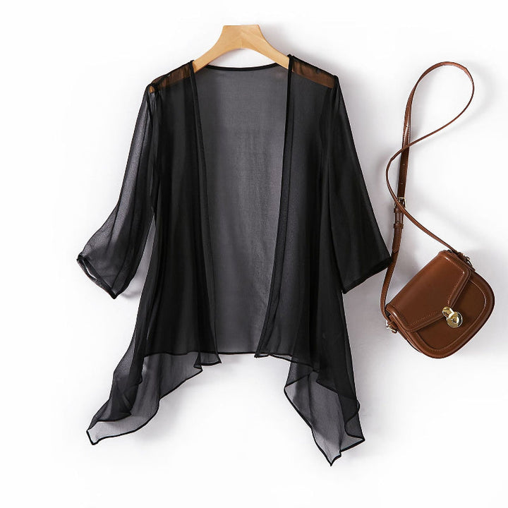 Yellow women's lightweight sheer cardigan. Chic open-front design, great for casual elegance, summer, and resort wear.