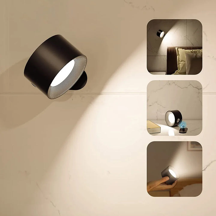 LumoFlex wireless wall lamp, dimmable, 360° rotating, rechargeable LED light, sleek design.