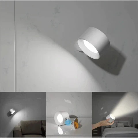 Versatile wireless LED wall lamp, dimmable, 360° rotating, rechargeable for home lighting.