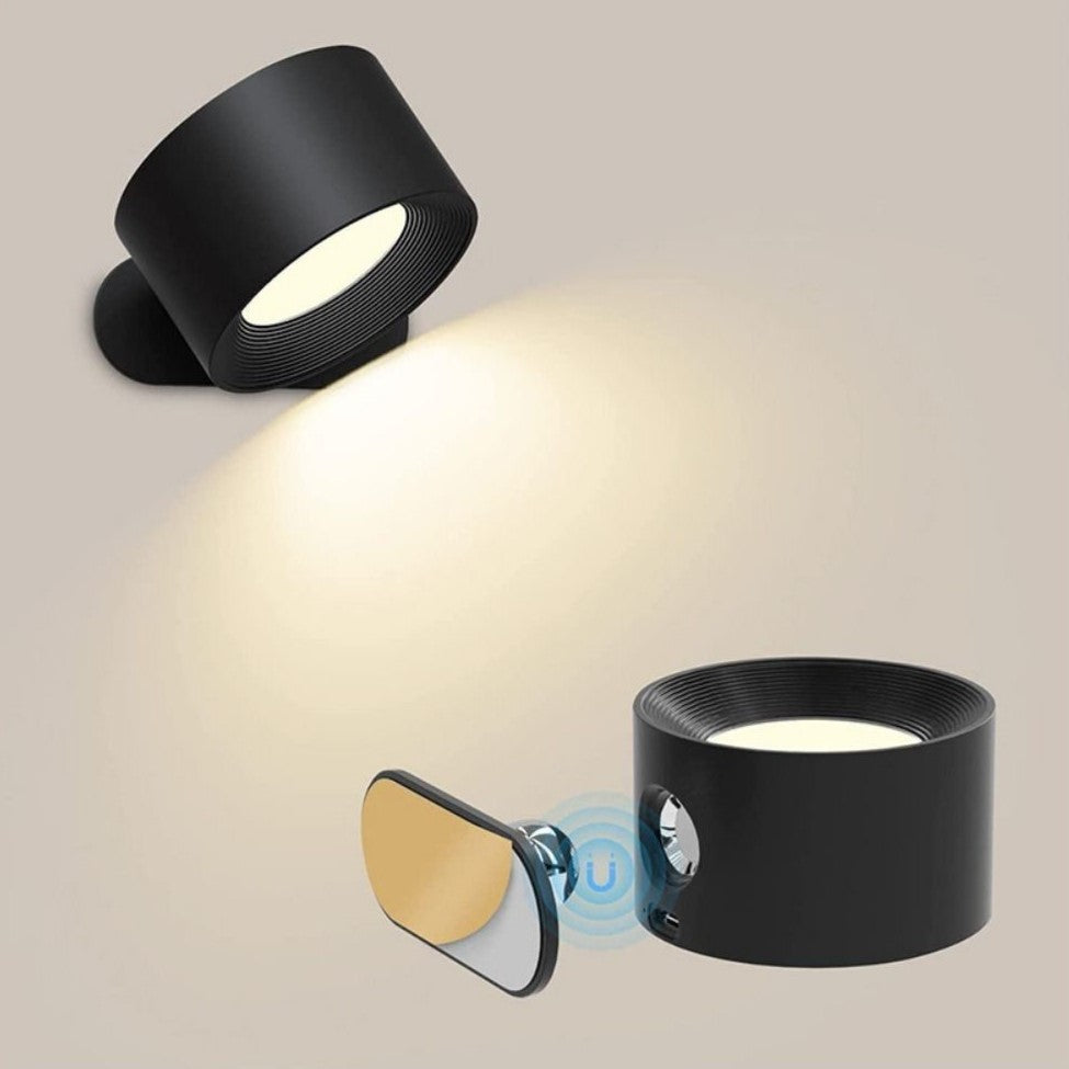 Dimmable wireless wall light, 360° rotating, rechargeable LED lamp for flexible interior lighting.