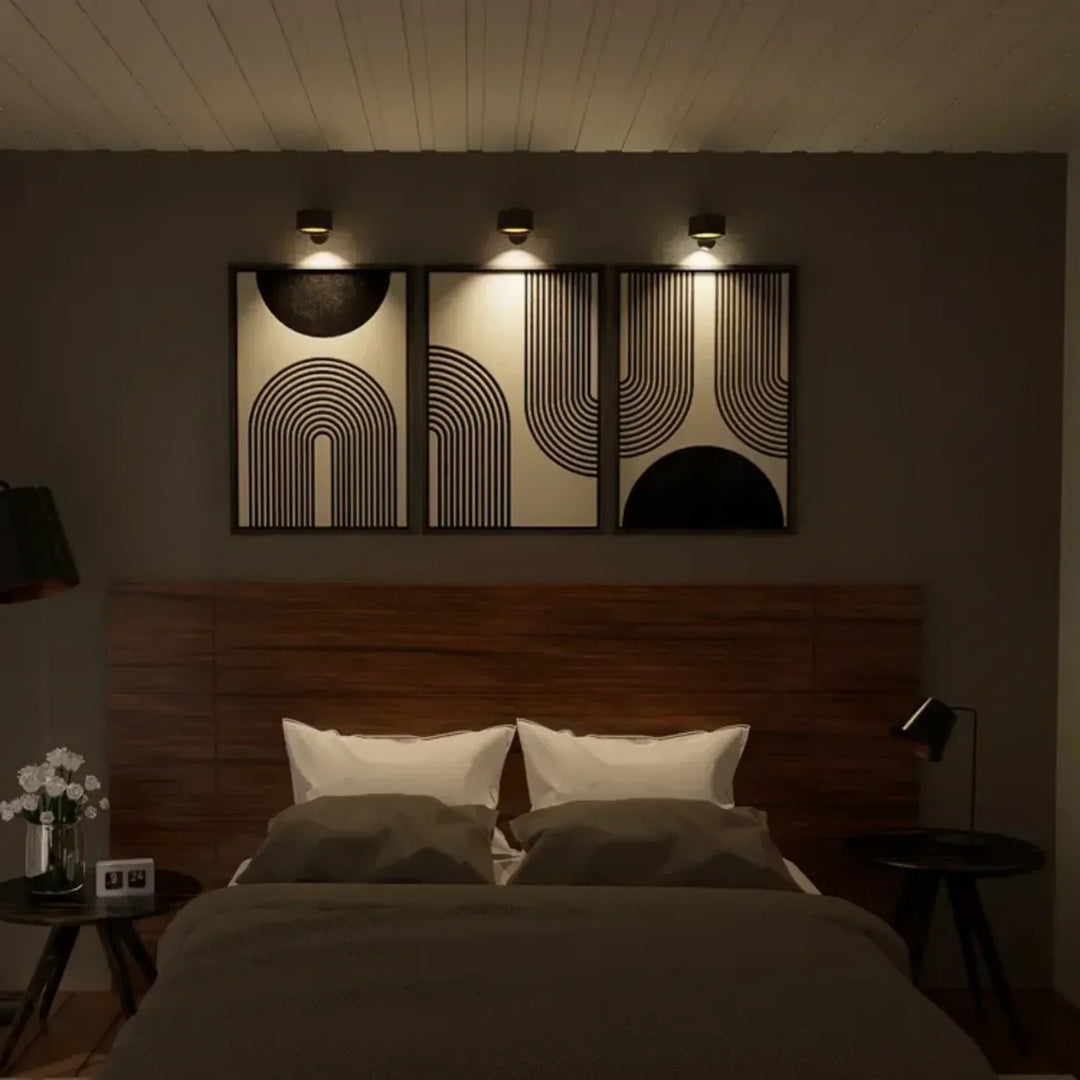 Sleek LumoFlex wireless wall lamp, dimmable, 360° rotating, rechargeable LED light.