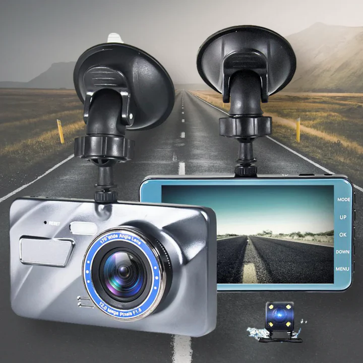 Wireless front & rear dash cam with night vision for car, showing compact design & dual lenses for security.