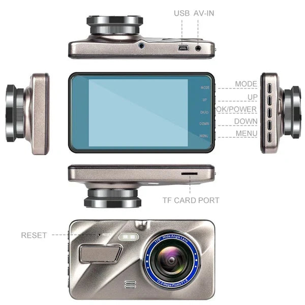 Wireless dashboard camera installed in a car, capturing front and rear views with advanced night vision.