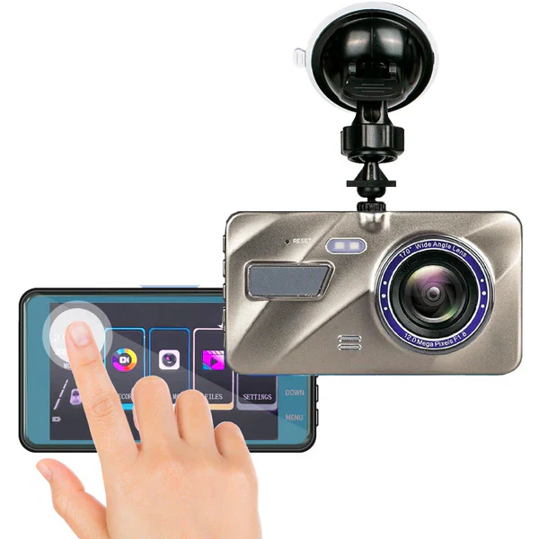 Close-up of a wireless front and rear car dashcam, highlighting its night vision capability for clear recording.