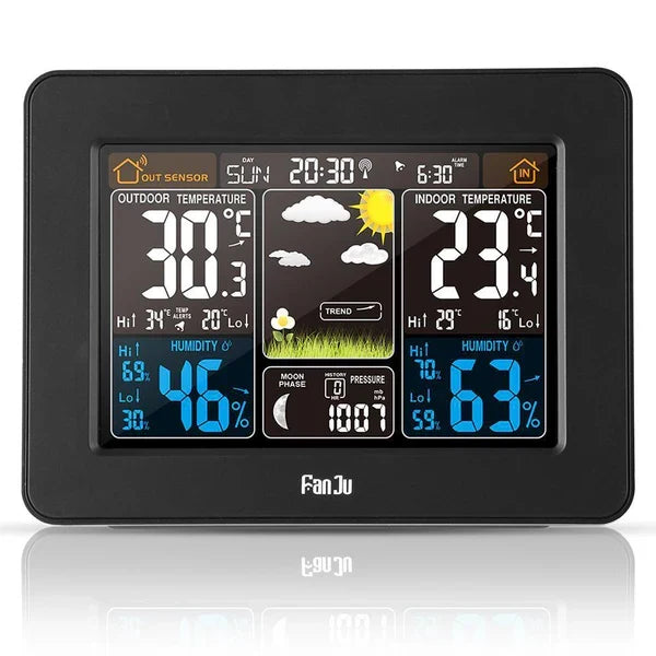 Wireless home weather station with clear digital display showing indoor/outdoor temperature, humidity, and forecast.