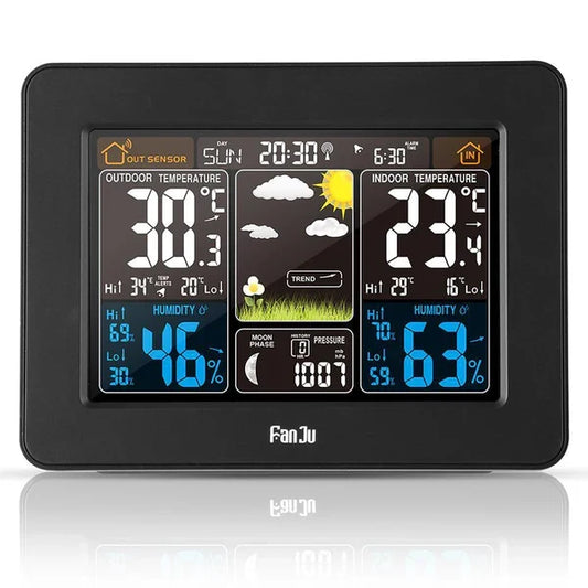 Wireless home weather station with clear digital display showing indoor/outdoor temperature, humidity, and forecast.
