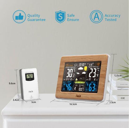 Digital display of wireless home weather station showing detailed forecast, temperature, humidity, and integrated alarm clock.