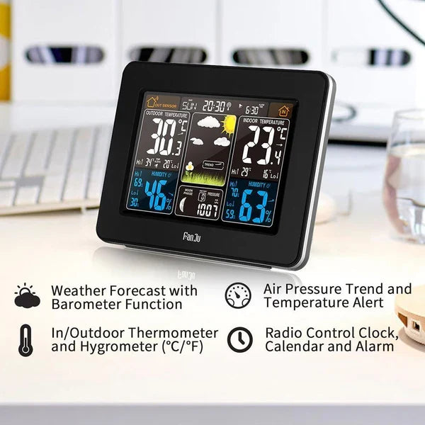 Modern wireless home weather station on a desk, providing essential indoor/outdoor weather forecasts for daily planning.