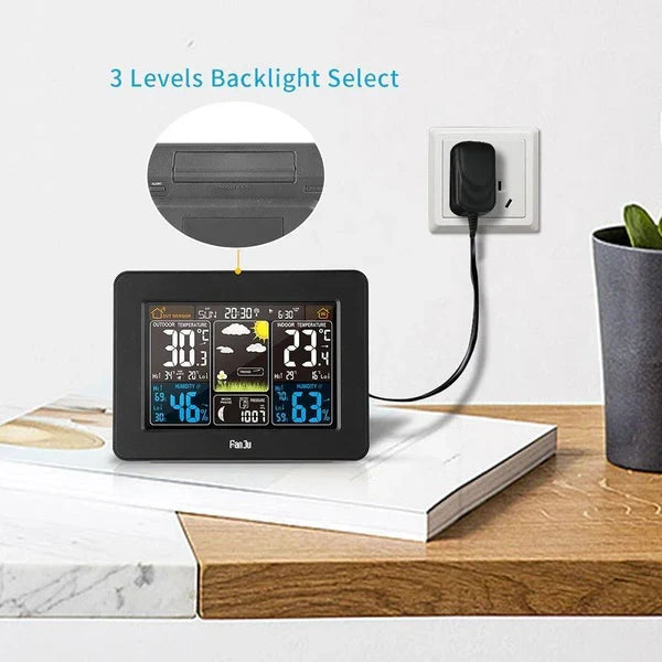 Rear view of wireless home weather station, highlighting its easy setup and seamless indoor/outdoor data transmission.