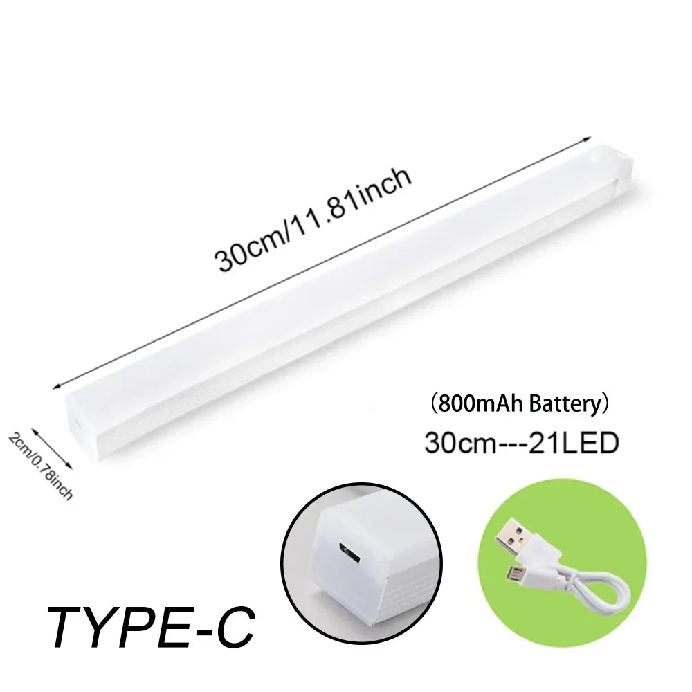 USB rechargeable LED motion sensor night light, provides wireless illumination for cabinets & stairs.