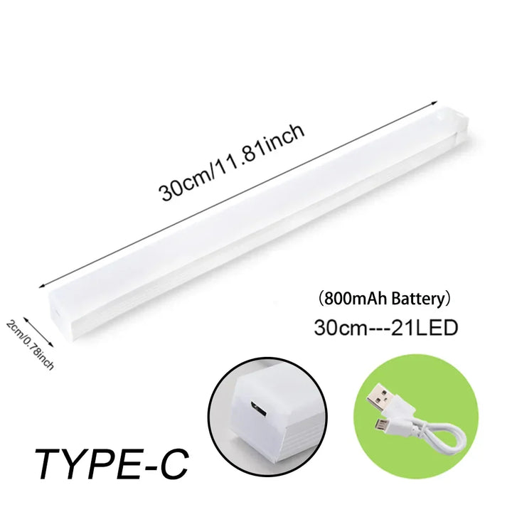 USB rechargeable LED motion sensor night light, provides wireless illumination for cabinets & stairs.
