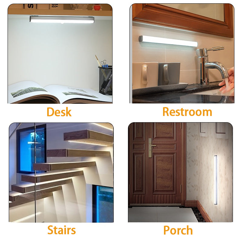 Energy-efficient wireless LED motion sensor light, rechargeable for safety and convenience.