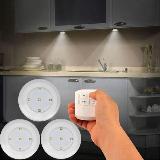 Wireless LED puck lights with remote & timer, perfect for under cabinet or accent lighting.