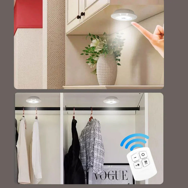 Bright LED puck lights illuminating a kitchen counter, ideal wireless under cabinet lighting.