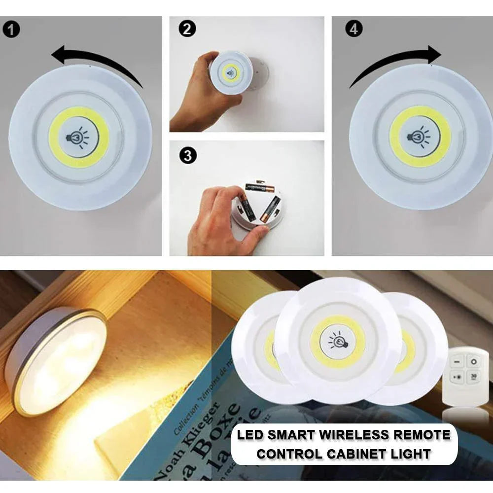 Battery operated LED puck lights brightening a dark closet, convenient wireless home lighting.