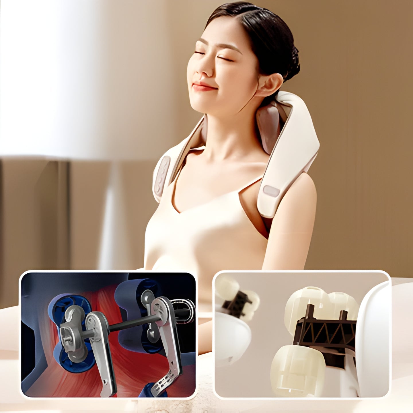 Person using a wireless neck & shoulder heat massager for deep muscle relaxation and therapeutic pain relief.