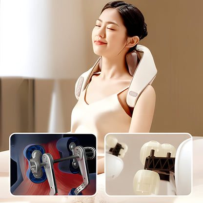 Person using a wireless neck & shoulder heat massager for deep muscle relaxation and therapeutic pain relief.