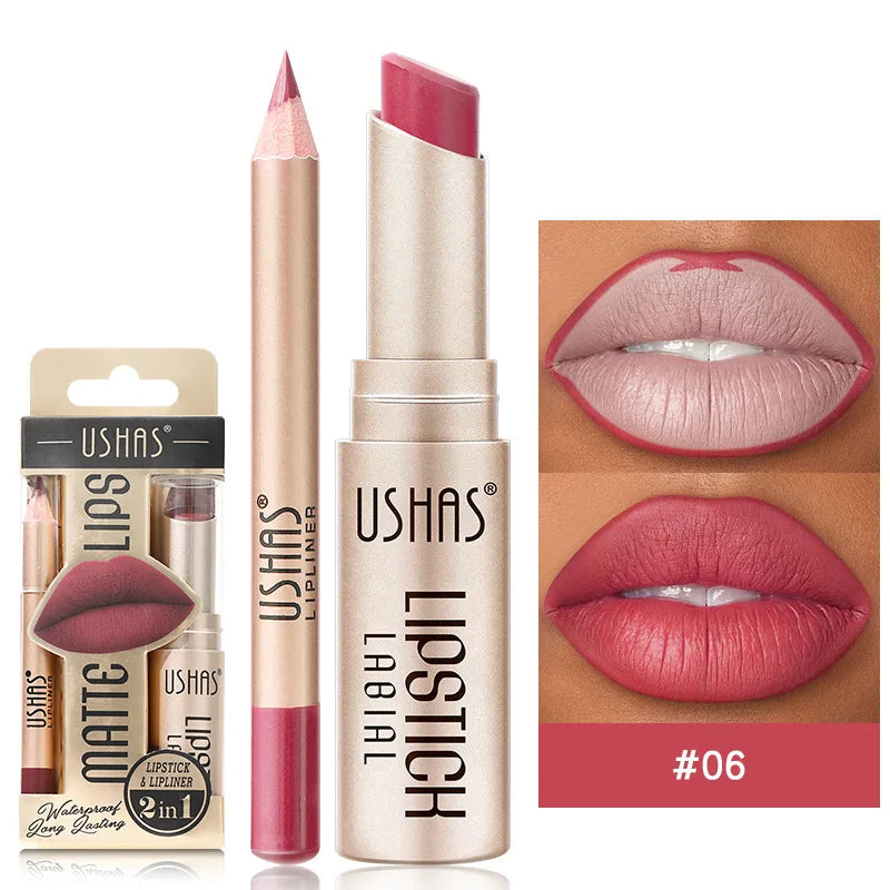 Model smiling, showcasing her perfect, long-lasting matte lip color from the 2-in-1 lip duo.