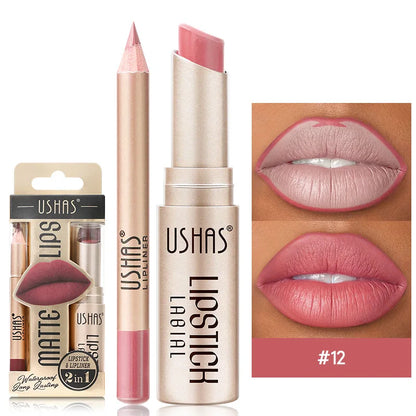 Essential women's makeup: 2-in-1 matte lipstick & lip liner, providing waterproof and lasting beauty.