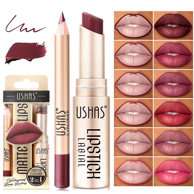 Close-up of matte waterproof lipstick and matching lip liner duo for flawless women's makeup.