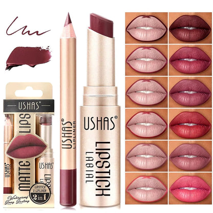 Close-up of matte waterproof lipstick and matching lip liner duo for flawless women's makeup.