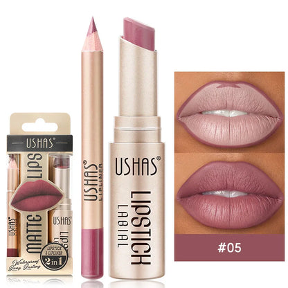 Model applying the 2-in-1 matte lip liner and lipstick for defined, lasting lip color.