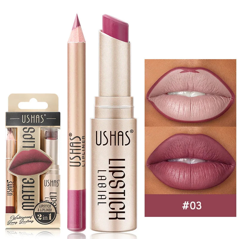 Elegant matte finish lip duo, a waterproof and long-lasting beauty product for women's lips.
