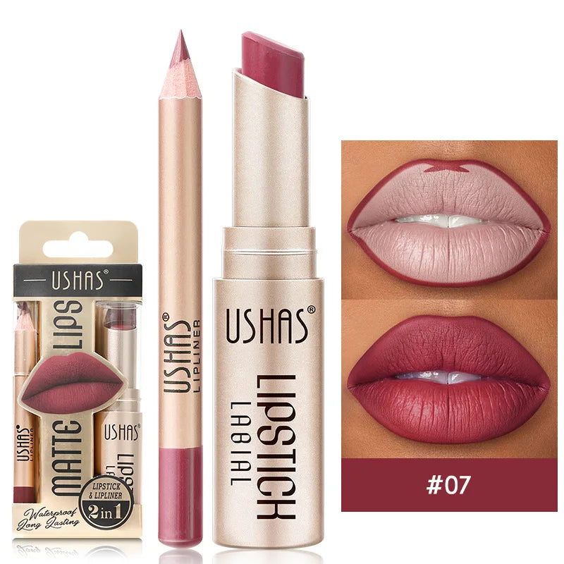 Display of multiple shades of the women's matte lip liner & lipstick duo, long-lasting makeup.